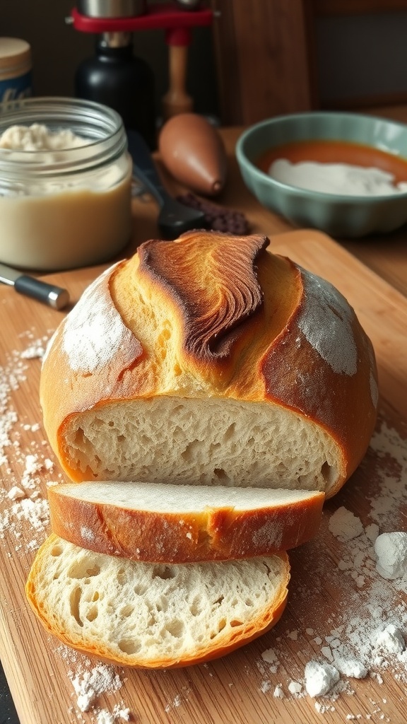 A golden-brown artisan sourdough bread loaf on a wooden board with slices showing the airy crumb.